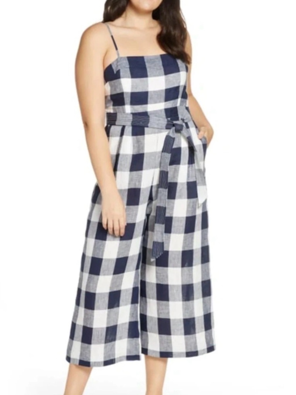 J. Crew Navy and White Gingham Wide-Leg Jumpsuit
